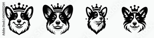 Corgi Dog head with crown. Silhouette logo animal mascot. Welsh pembroke canine face adorned regal diadem royal pet portrait.