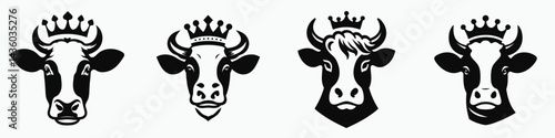 Cow head with crown. Silhouette logo animal mascot. Bovine visage adorned royal diadem farm portrait coronet majestic cattle icon.