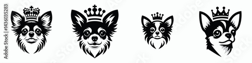 Chihuahua Dog head with crown. Silhouette logo animal mascot. Tiny canine visage wearing regal diadem toy breed portrait coronet.