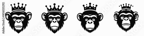 Chimpanzee head with crown. Silhouette logo animal mascot. Ape visage adorned regal diadem primate portrayal symbol royalty.