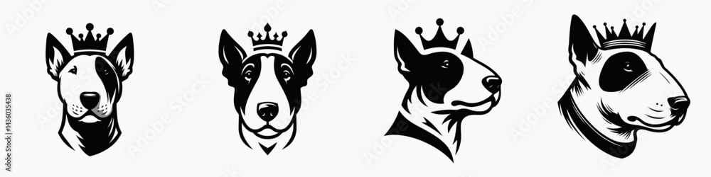 Obraz premium Bull Terrier Dog head with crown. Silhouette logo animal mascot. Canine breed portrait regal diadem majestic hound face adornment.