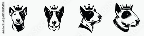Bull Terrier Dog head with crown. Silhouette logo animal mascot. Canine breed portrait regal diadem majestic hound face adornment.