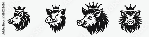 boar head with crown. Silhouette logo animal mascot. Royal swine crest majestic tusked pig an iconic emblem of medieval power.