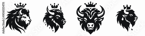 Bison head with crown. Silhouette logo animal mascot. American buffalo visage adorned royal diadem majestic animal wildlife emblem.