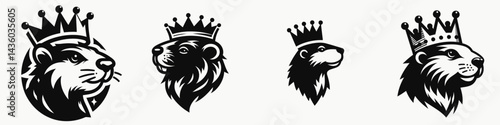 Beaver head with crown. Silhouette logo animal mascot. Rodent face adorned by diadem wild critter wearing regal coronet royal emblem.