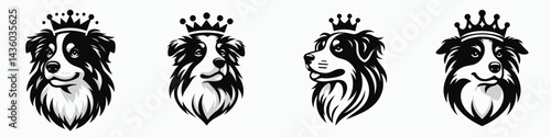 Australian Shepherd Dog head with crown. Silhouette logo animal mascot. Canine portrait regal headdress aussie breed majestic cranium.