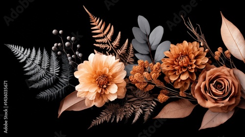 Obraz na płótnie Elegant Floral Composition with Earthy Tones on Black Background w salonie