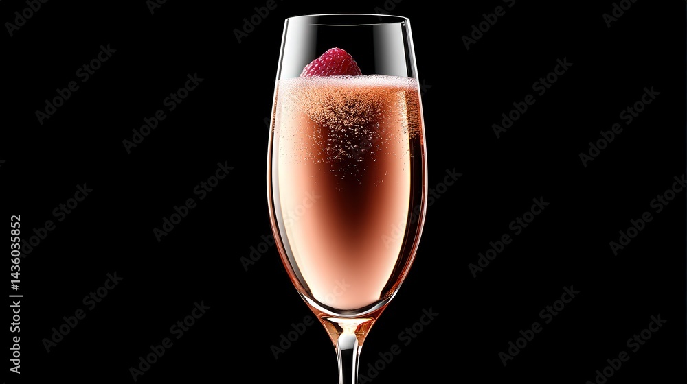 Elegant Flute of Sparkling Rosé with Raspberry on Black Background