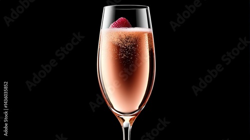 Obraz na płótnie Elegant Flute of Sparkling Rosé with Raspberry on Black Background w salonie