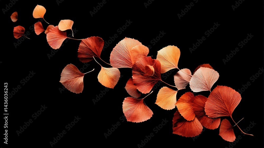 Elegant Ginkgo Leaves in Warm Tones on Black Background
