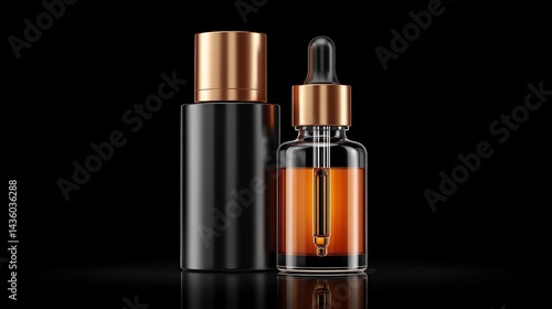Obraz na płótnie Elegant Glass Bottles for Essential Oil and Serum on Dark Background w salonie
