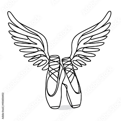 Ballet pointe shoes with Hermes wings, graceful and poetic, minimalist line art