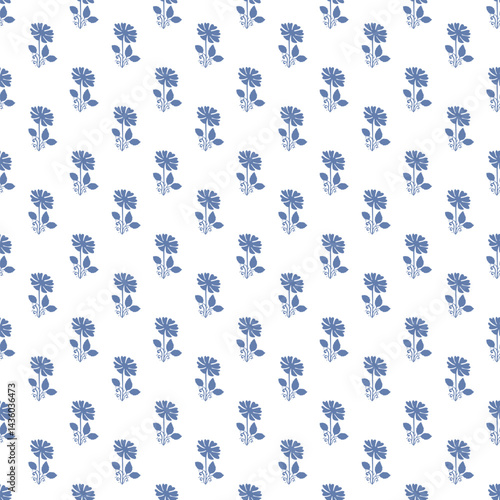 Seamless Pattern With Blue Floral Motifs on White Background