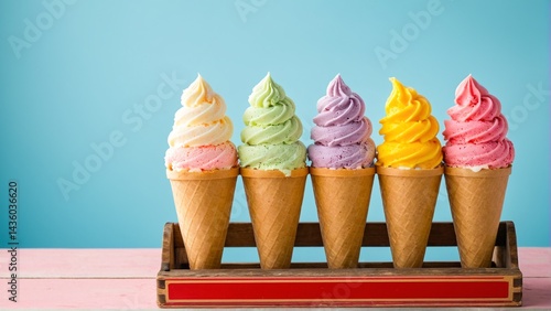 A Colorful Confection Collection: Five Delightful Ice Cream Cones on a Rustic Wooden Stand Against a Cheerful Background.