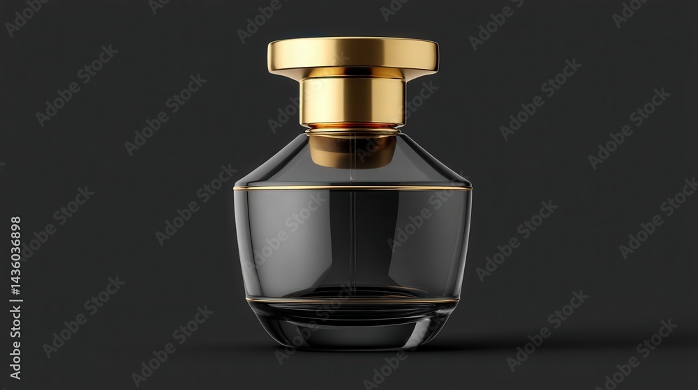 Elegant Glass Perfume Bottle with Gold Accents on Dark Background