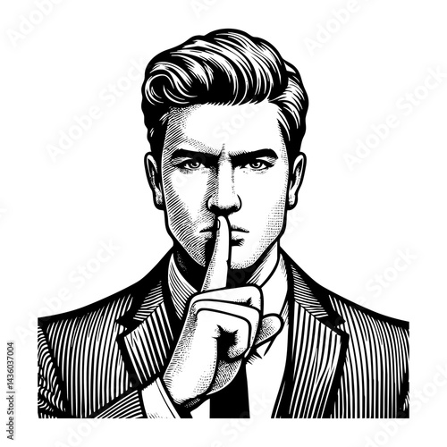 man wear suit giving silent gesture sketch engraving black and white outline. Scratch board imitation.  illustrated in vintage line art style on a white background.