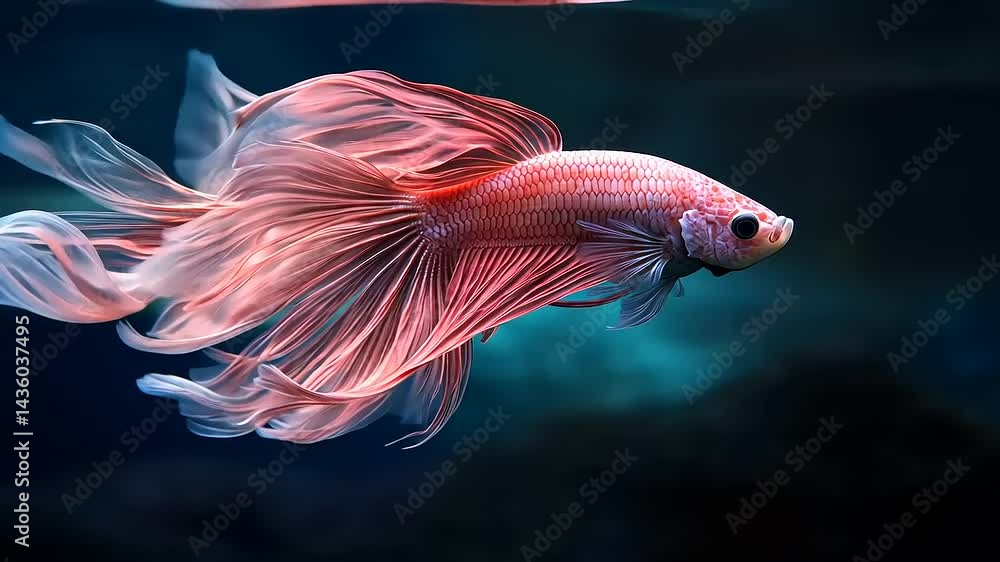 Elegant pink betta fish gracefully swimming in a dark blue aquarium habitat Elegant pink betta fish gracefully swimming in a dark blue aquarium habitat