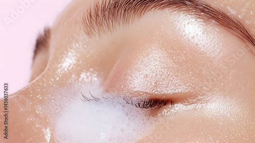Close-up of a face with cleansing foam, showcasing luminous, dewy skin and closed eyes