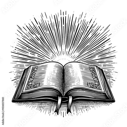 open book sunburst sketch engraving black and white outline. Scratch board imitation.