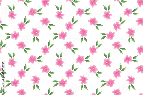 Seamless floral pattern with pink flowers and green leaves. Spring or summer botanical design,  for fabric, wrapping paper, wallpaper, bed linen. Vector illustration.