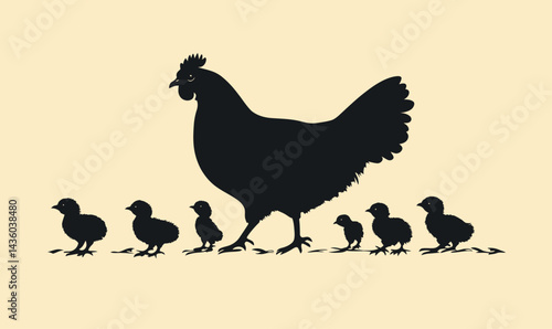 Minimalist Hen and Chicks Silhouettes Vector Art for Nature and Farm Themes