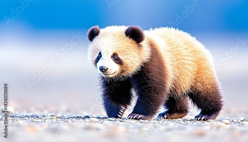 Adorable fluffy panda cub ambles on gravelly ground against a vibrant blue backdrop