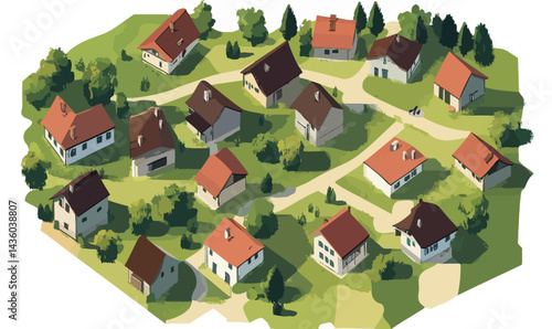 Minimalist Aerial Village Top View Vector Illustration with Rustic Houses