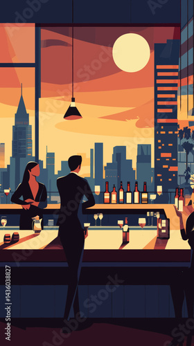 Elegant Rooftop Bar Evening with Urban Skyline in Minimalist Flat Vector Design