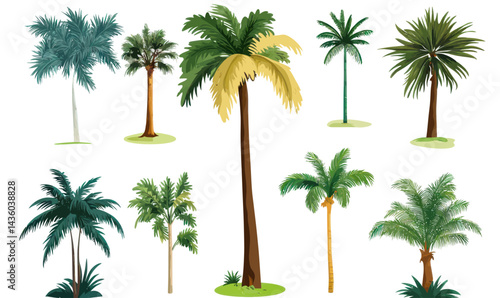 Diverse Tropical Palm Tree Vector Set Isolated on White Background for Graphic Design