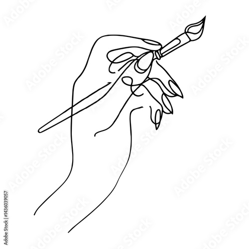 Hand holding a paintbrush, painting and calligraphy, minimalist line art