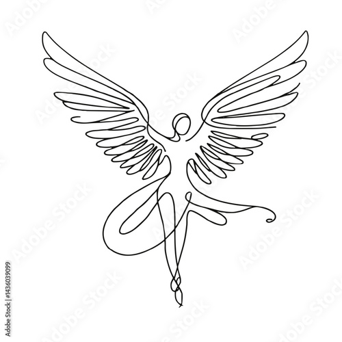 Dancing girl with angel wings, graceful and artistic, minimalist line art