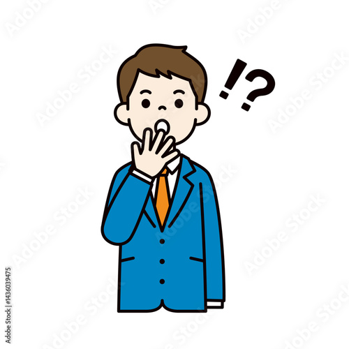 ハッとした表情で驚く、スーツを着た若い男性のベクターイラスト素材＿線幅の編集可能＿カラー
