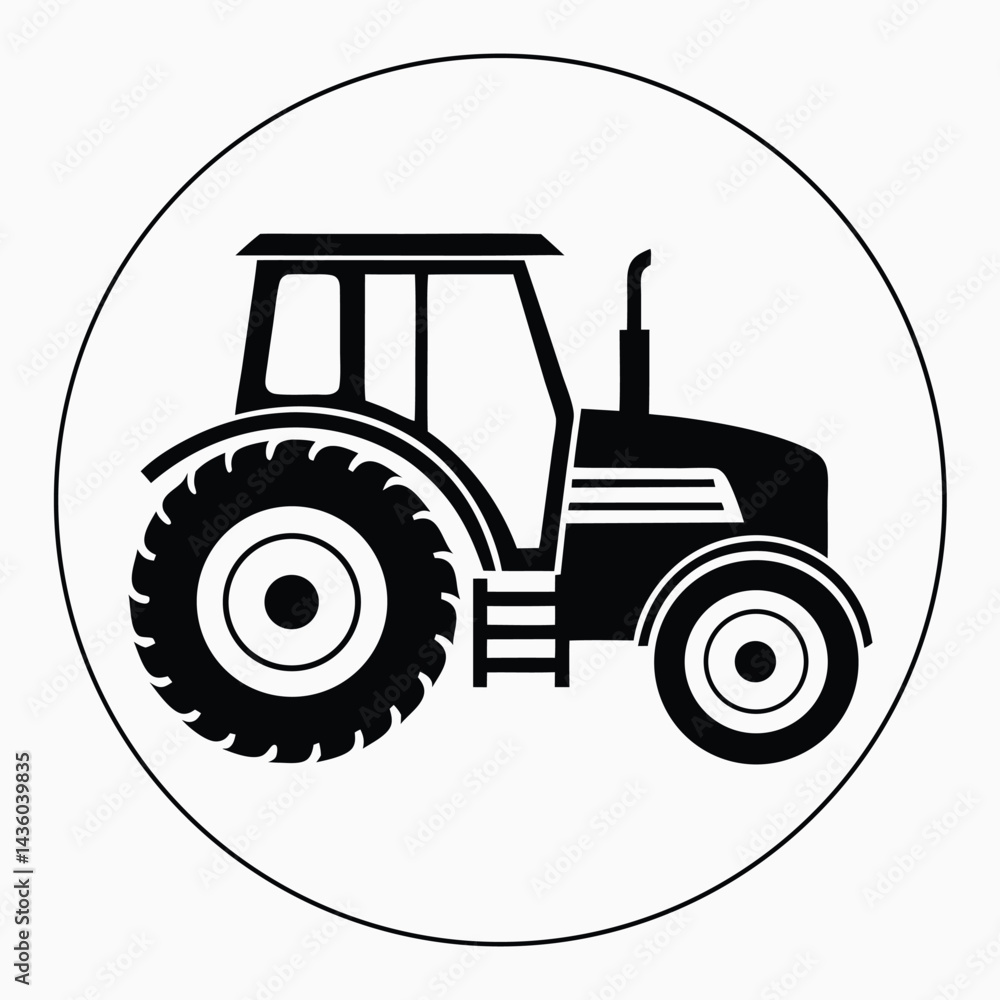 Obraz premium Minimalist Farm Tractor Silhouette with Plow in Black Design