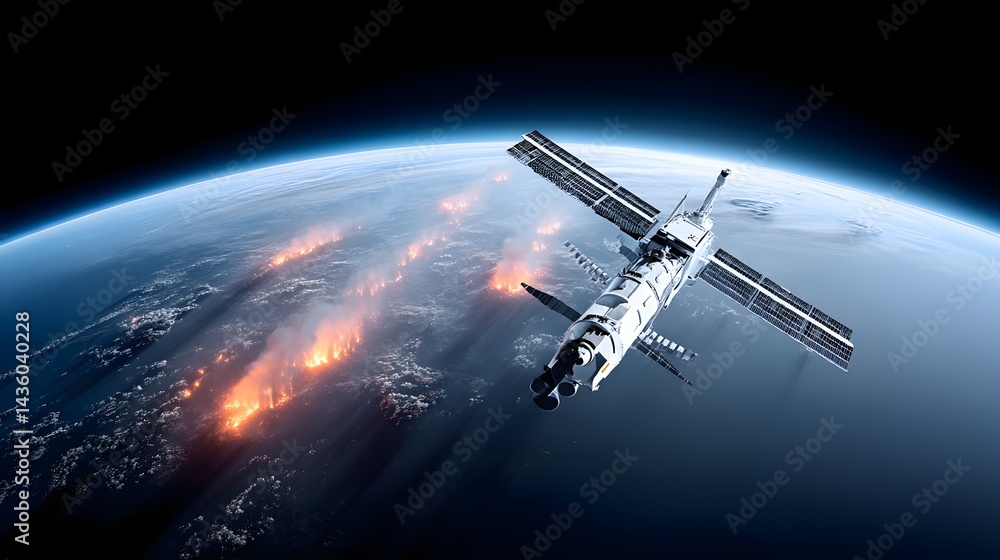 A satellite orbits Earth, capturing stunning views of the planet's surface with illuminating fields of light and shadow, symbolizing innovation and the power of technology in space A satellite orbits Earth, capturing stunning views of the planet's surface with illuminating fields of light and shadow, symbolizing innovation and the power of technology in space