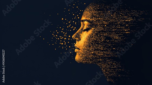Digital human face crafted from code virtual space gigapixel art futuristic environment side view technology concept