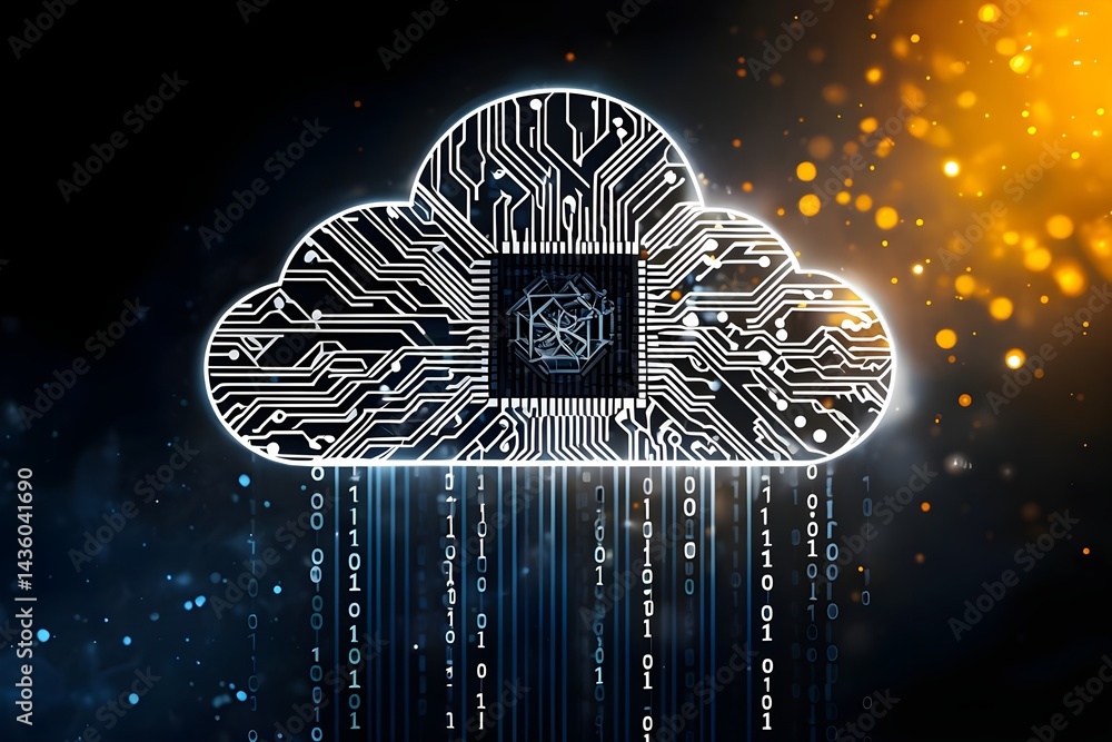 Fototapeta premium cloud computing concept,Stylized cloud computing illustration with digital data streams,Digital cloud concept,Stylized cloud computing symbol with circuit patterns
