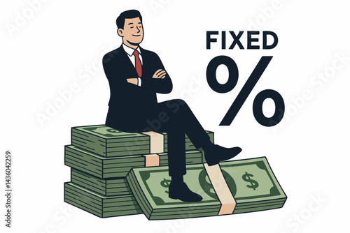 Confident businessman sitting on stacks of money, representing successful investment with a fixed percentage return. Vector illustration symbolizing wealth, profit, and financial security.