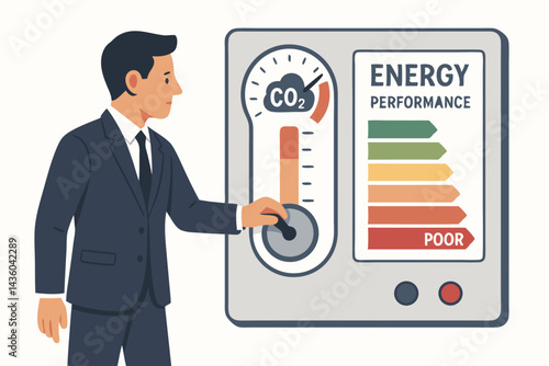 Businessman adjusts CO2 emissions and energy performance controls. Vector concept for corporate sustainability, carbon footprint management, climate action, and achieving energy efficiency goals.