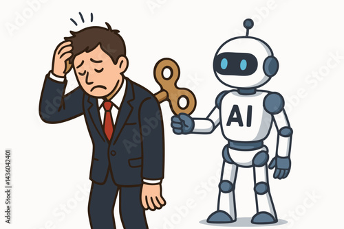 AI robot winding up exhausted businessman vector illustration concept. Artificial intelligence helping overcome burnout, fatigue, and stress, boosting productivity in the modern workplace.