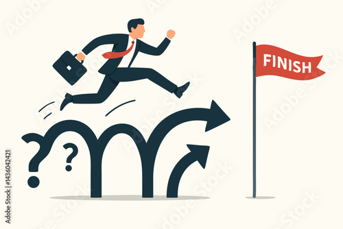 Businessman with briefcase bravely leaps over uncertainty and confusing paths, navigating arrows and question marks while racing towards the finish line for career success.