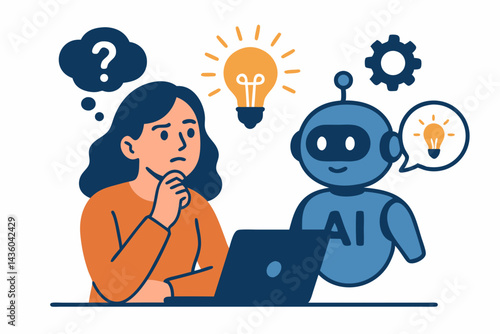 AI assistant provides innovative ideas to thoughtful woman working on laptop, technology boosting problem-solving skills, human and robot collaboration vector illustration.