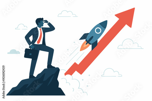 Businessman visionary standing on mountain peak watches rocket launch symbolizing startup innovation, business growth, success, and future progress vector illustration.