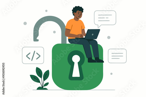 Open source security vector illustration showing a programmer working on laptop while seated on a giant unlocked green padlock, symbolizing software vulnerability and access control.