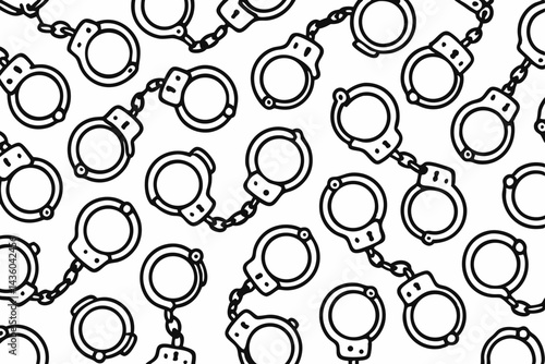 Handcuffs Seamless Vector Pattern. Monochrome line art background illustration featuring police restraints. Concepts of arrest, crime, justice, law, security, bondage, BDSM.