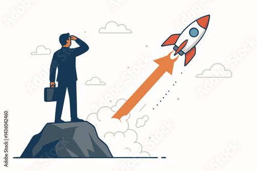 Ambitious entrepreneur on mountain peak observing rocket launch arrow. Concept for business startup, innovation, success, growth, leadership vision, and future strategy vector illustration.