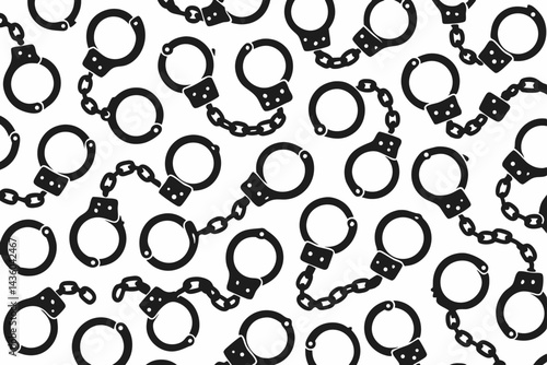 Seamless monochrome pattern of black handcuff silhouettes on white background. Vector illustration representing crime, law enforcement, justice, arrest, and security concepts.