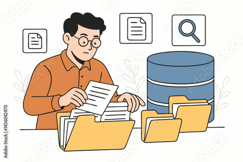 Business professional managing documents. Outline vector art showing file organization, data archiving, database access, and efficient information retrieval systems concept.