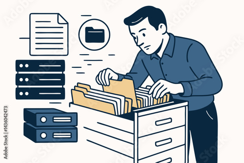 Office worker organizing documents in a file cabinet drawer, vector illustration depicting efficient record keeping, data archiving, and information management systems comparison.