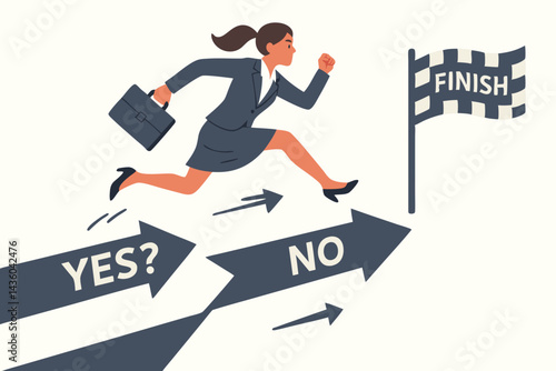 Business concept vector: Determined female professional leaps over yes/no choices, running towards the finish line, symbolizing career ambition, success, and goal achievement.