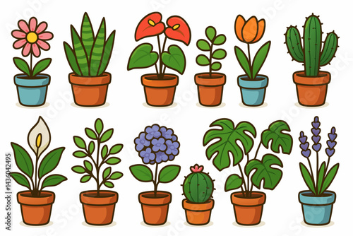 Adorable Potted Plant Vector Illustrations Set: Cute cartoon icons of diverse indoor plants, flowers, and succulents like Monstera, Cactus, Tulip in pots for botanical designs.